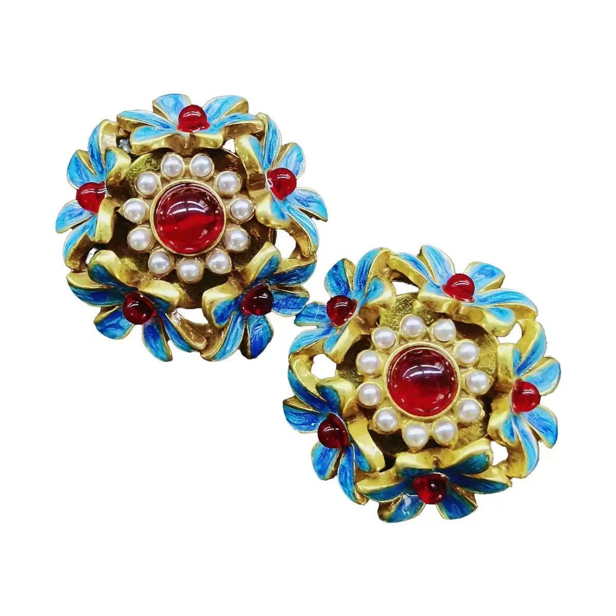 铜合金仿珍珠耳饰 宫廷风饰品复古蓝色耳钉民族风