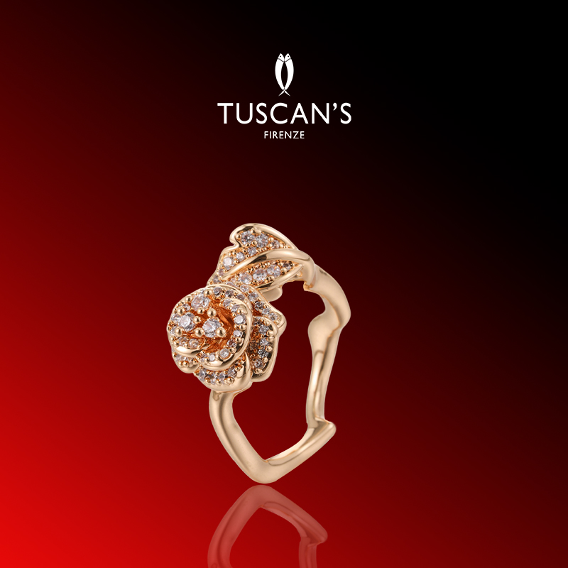 TUSCAN'S 铜合金锆石戒指 气质款山茶花镶嵌时尚女开口戒