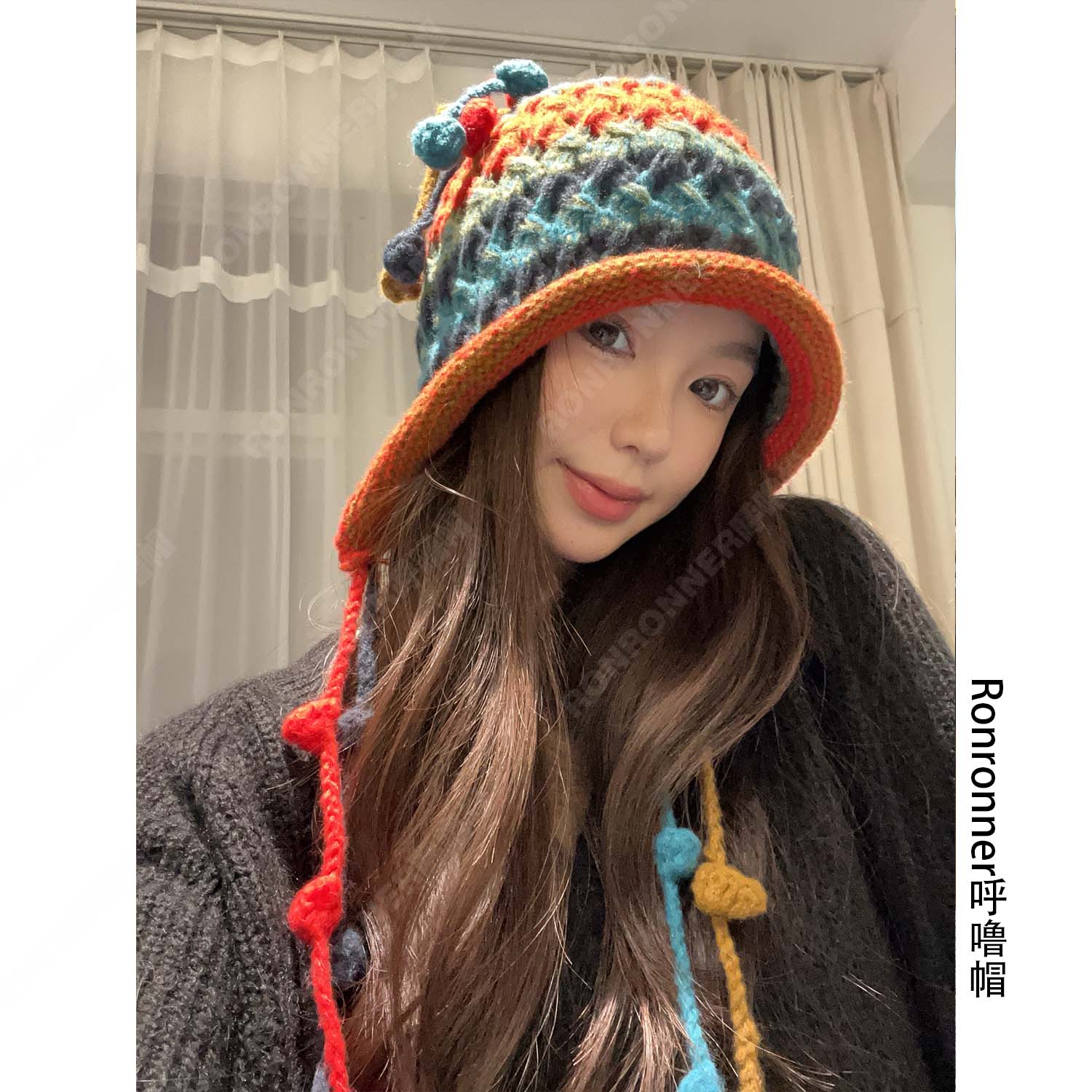  RONRONNER呼噜帽 手工钩针彩色毛线帽子女秋冬系带流苏套头冷帽
