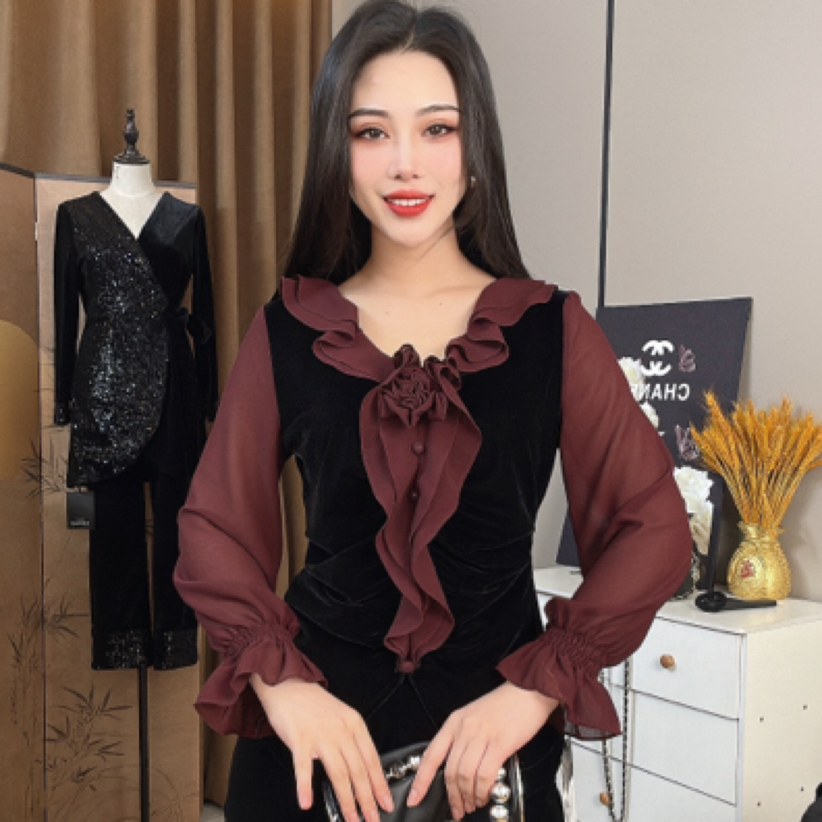 1028设计师原创定制高端品质时尚休闲新中式拼接女神国风丝绒小衫