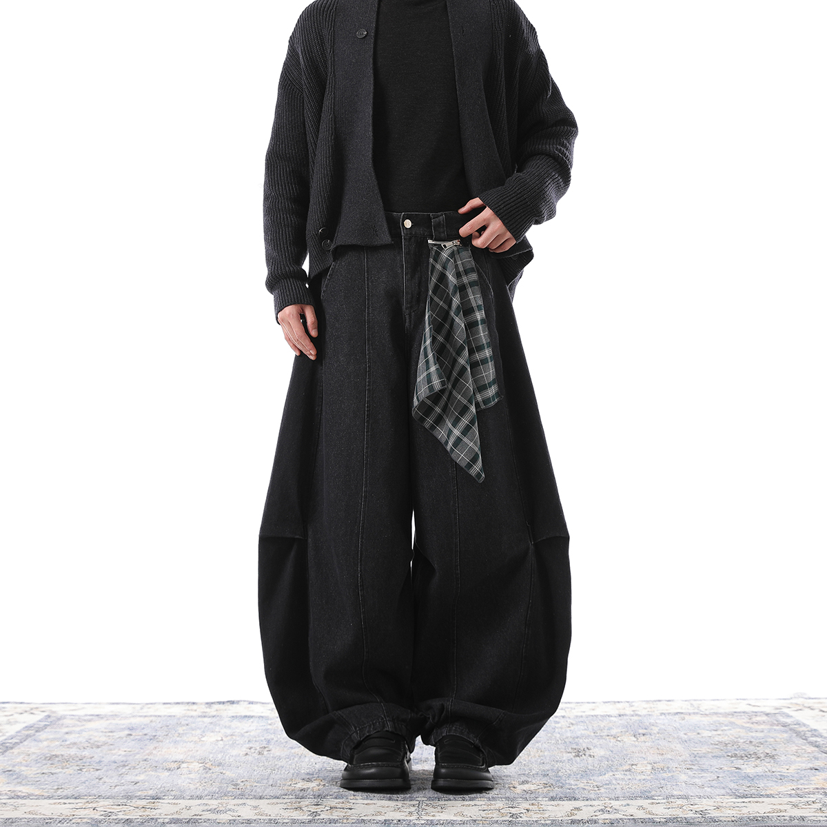 Jaaniste重工拉链丝巾设计复古弯刀牛仔裤男士宽松休闲水洗工装裤