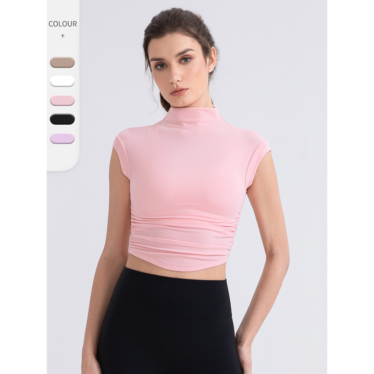 52253不规则半高领无袖瑜伽T恤女透气运动背心短款健身跑步上衣