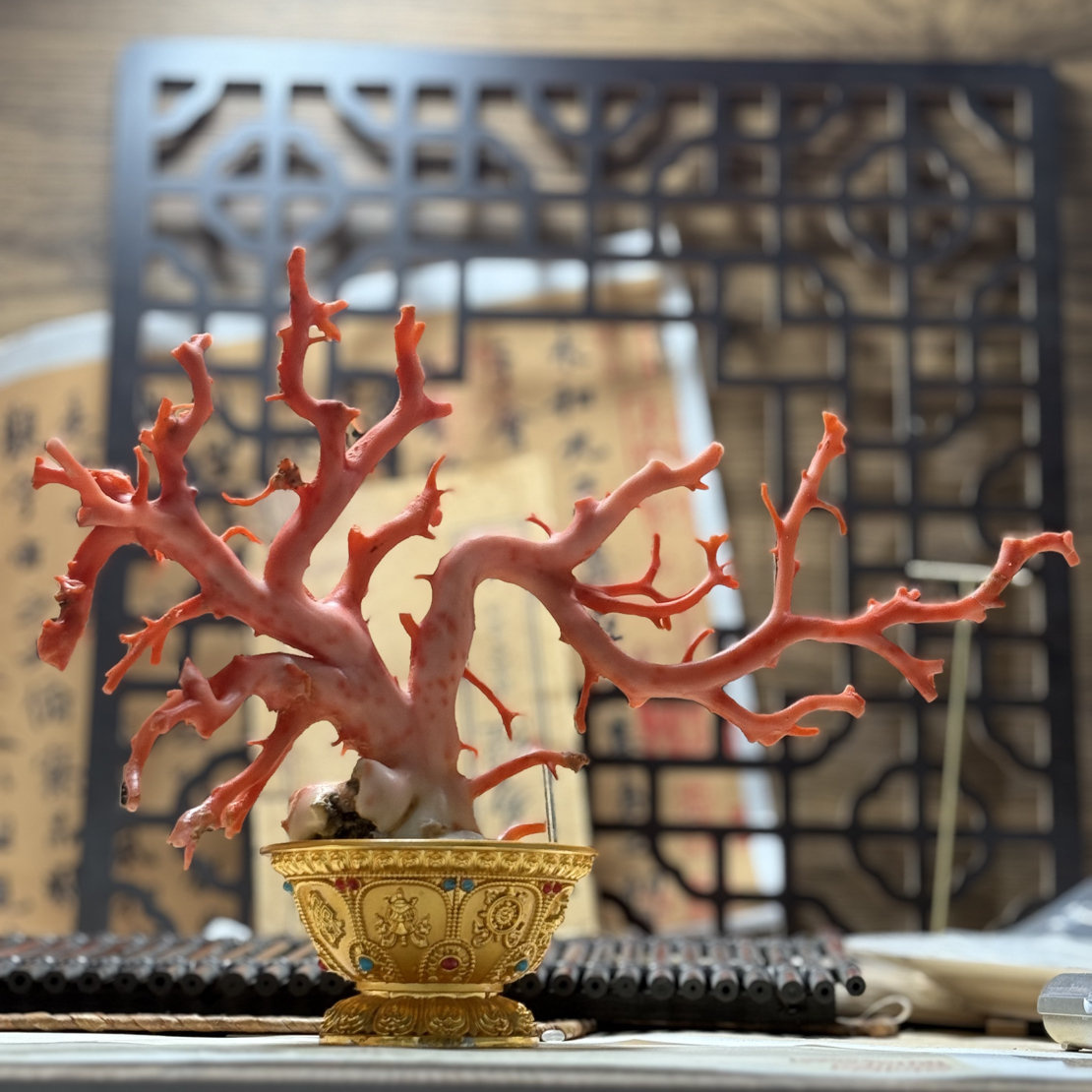 天然红珊瑚树形摆件 深水红珊瑚树形摆件 尺寸182×290mm