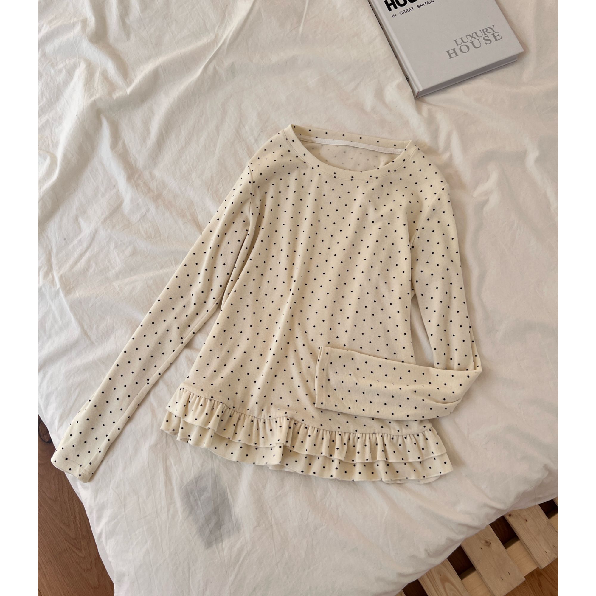 【珍珠少女】大头婷微胖定制波点花边针织内搭长袖T恤 ZX128