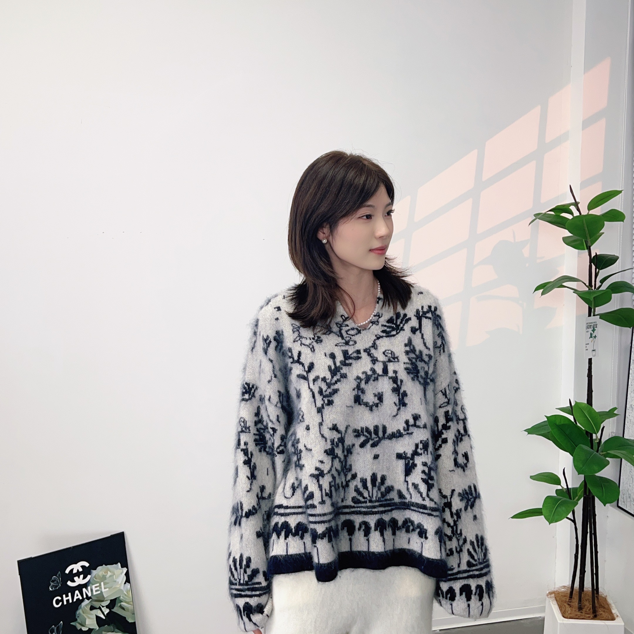 【青花瓷】自制款加厚V领羊毛长毛拉绒复古提花软糯毛衣