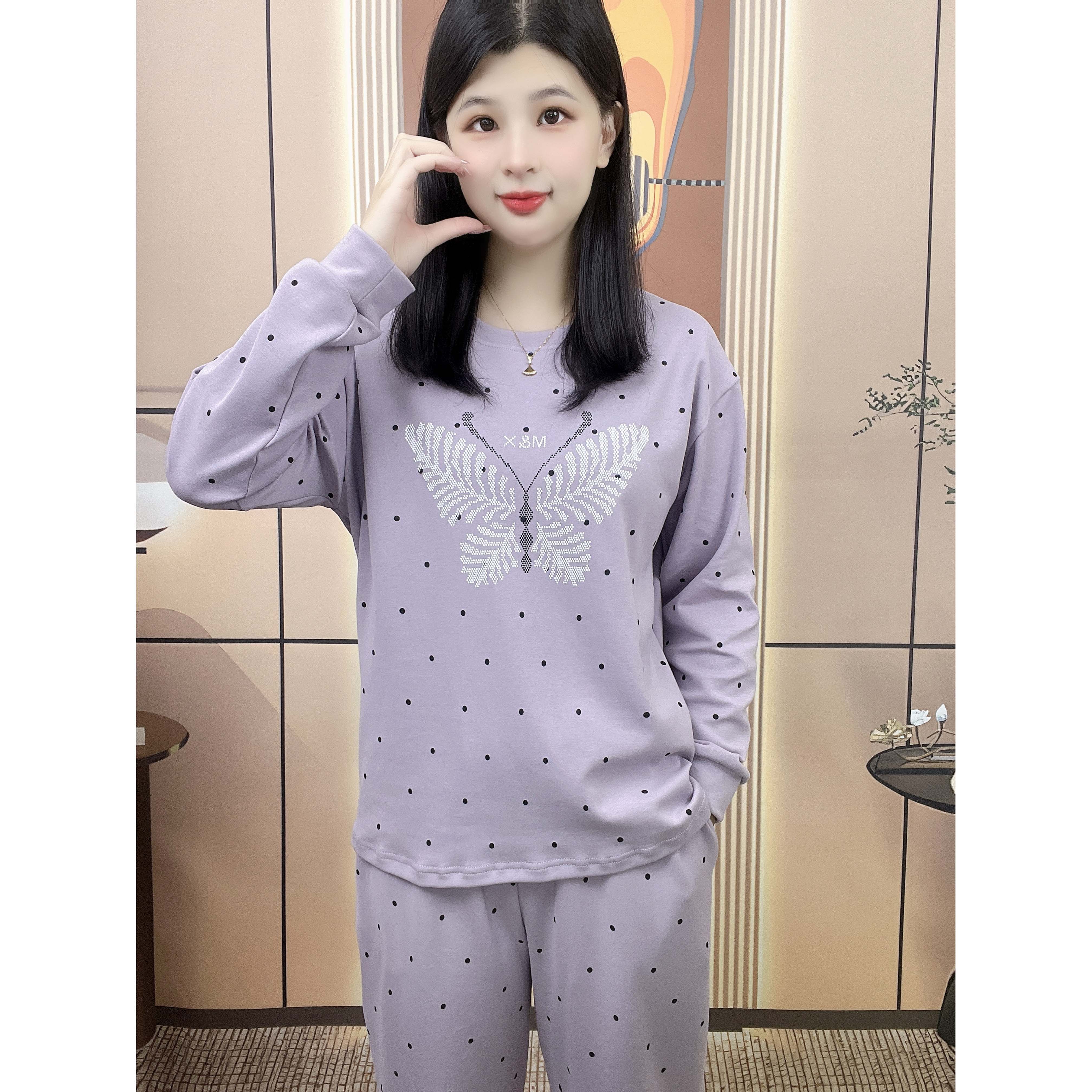 睡衣纯棉秋冬新款长袖长裤带胸垫圆领休闲舒适女士家居服套装