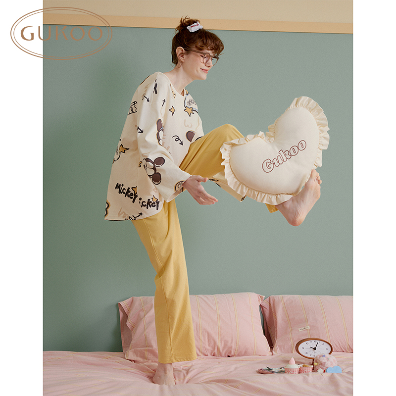【Gukoo果壳】睡衣女春秋款米奇联名女款卡通甜美满印家居服套装