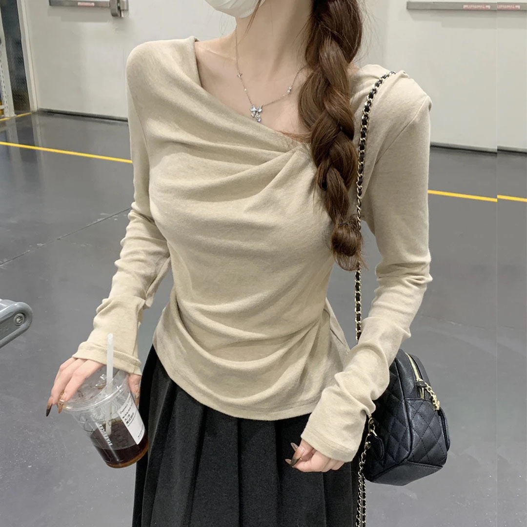 气质法式纯欲风荡领长袖T恤女2025春秋不规则设计感百搭修身上衣