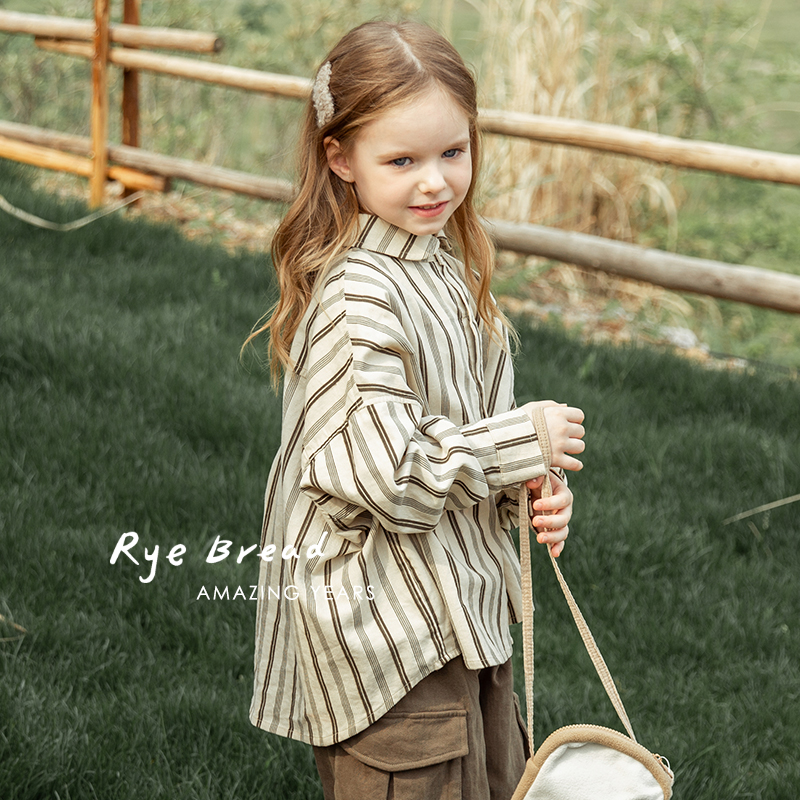 ryebread/黑面包童装 复古撞色竖条纹女中大童棉休闲衬衫W4春秋