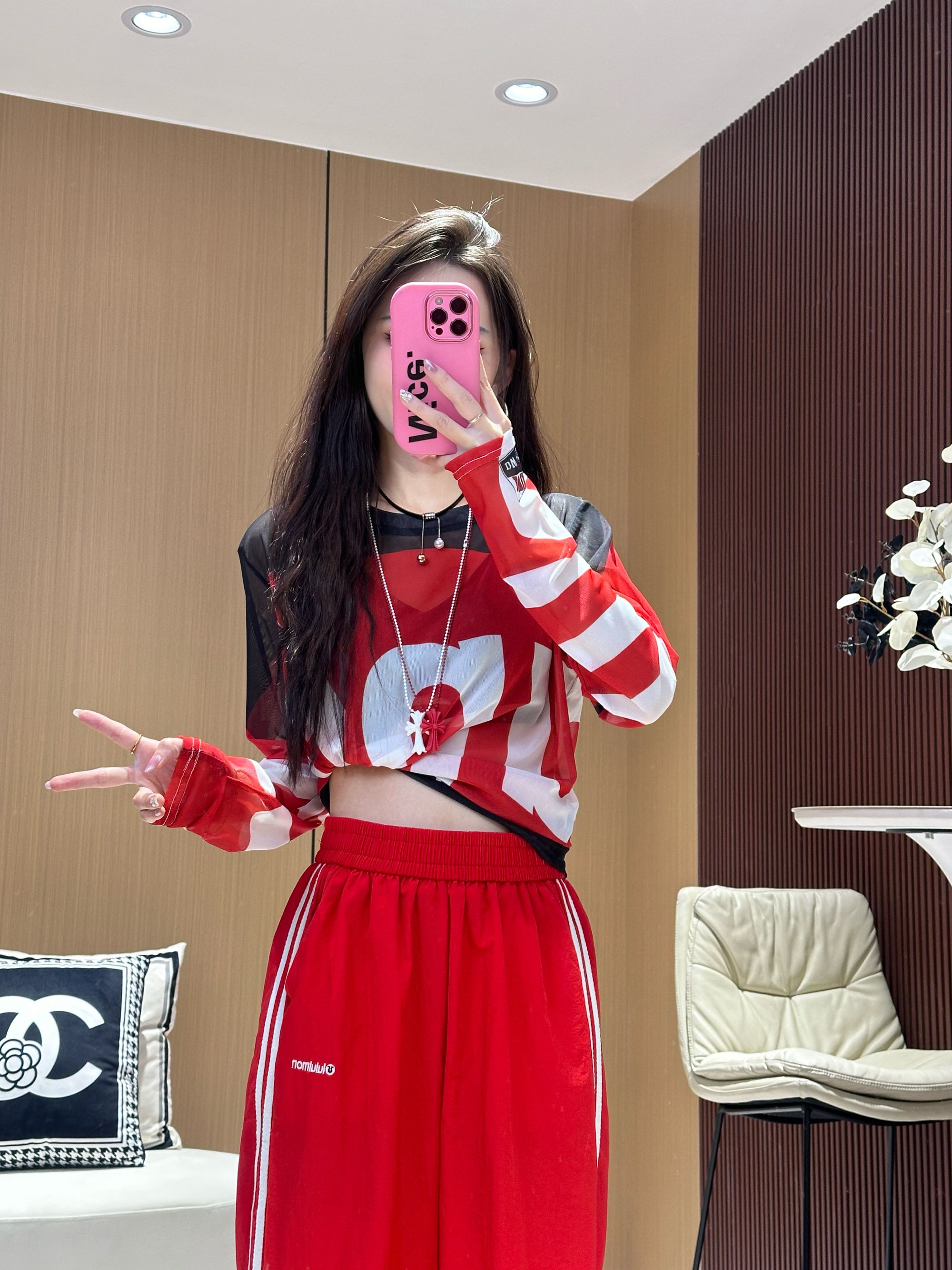 XX7070 【网纱长袖字母上衣】设计感长袖薄款T恤宽松女防晒T恤上衣