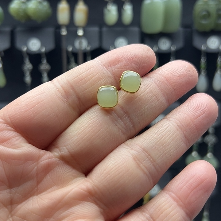 和田玉耳饰银S925镶嵌