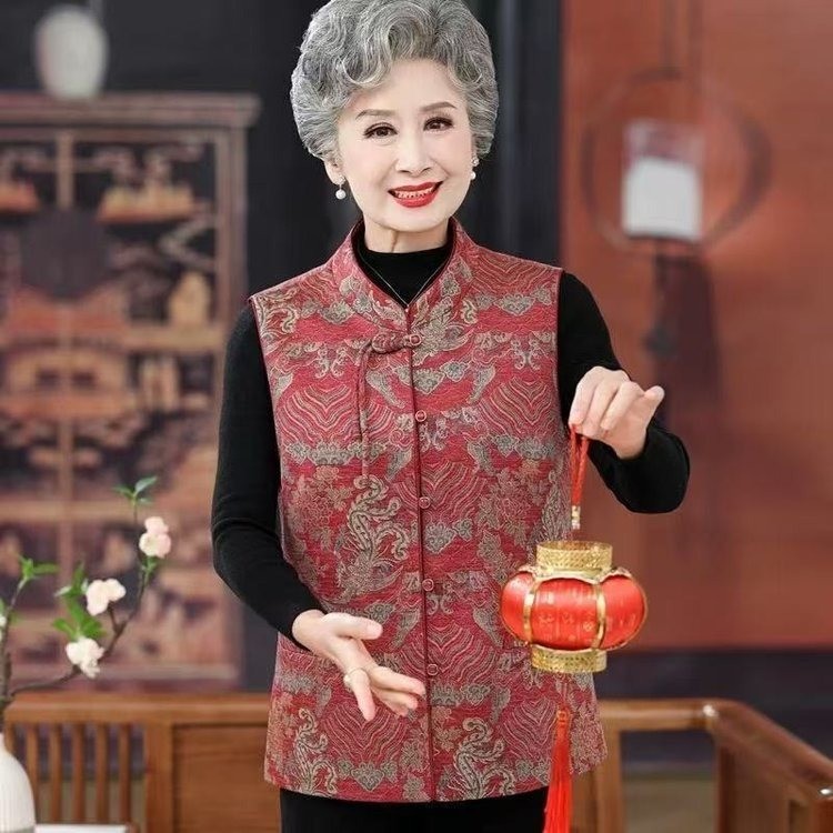 妈妈秋装背心外套新款复古马甲中老年人女装上衣服奶奶装春秋马夹