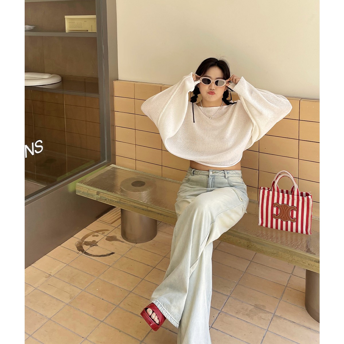 晶咕白标~氧气甜心~亚麻长袖防晒针织衫夏季短款宽松日常上衣