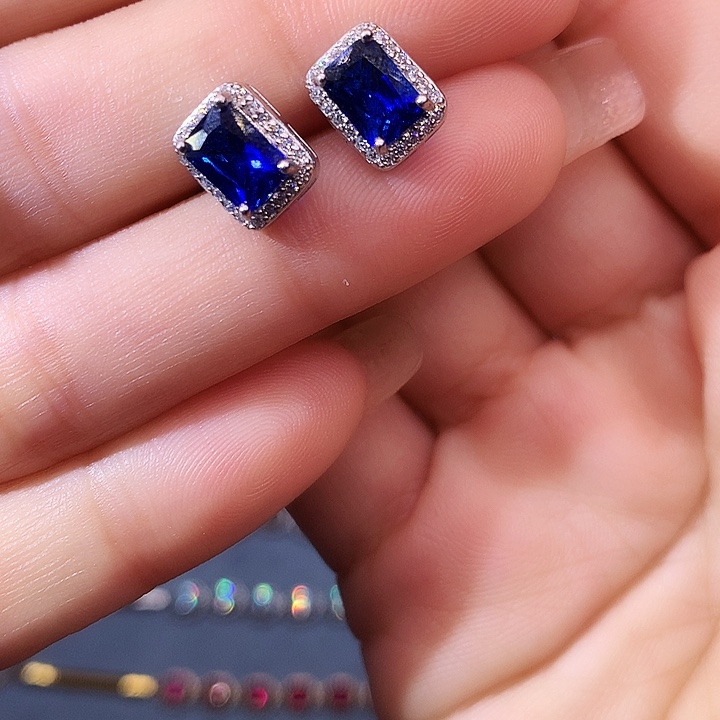 蓝宝石耳饰银S925镶嵌