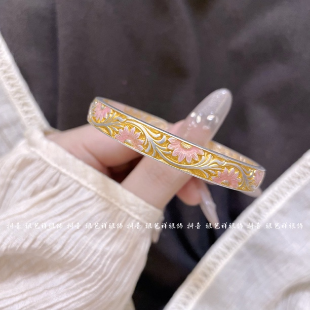足银银制品 足银999.9新款向日葵描金珐琅彩气质国风百搭足银手镯