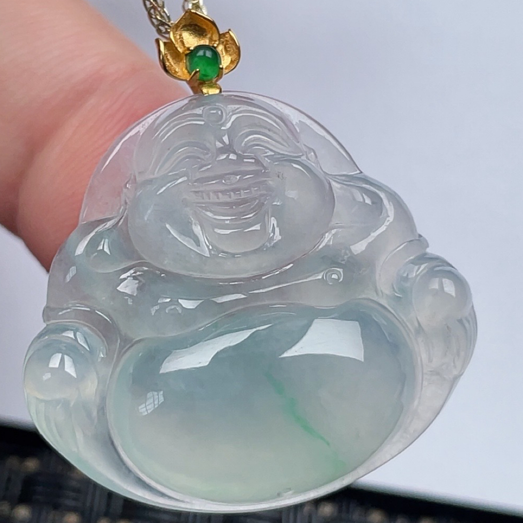 缅甸天然翡翠A货冰飘阳绿花佛公吊坠尺寸27.7-30.1-6.1