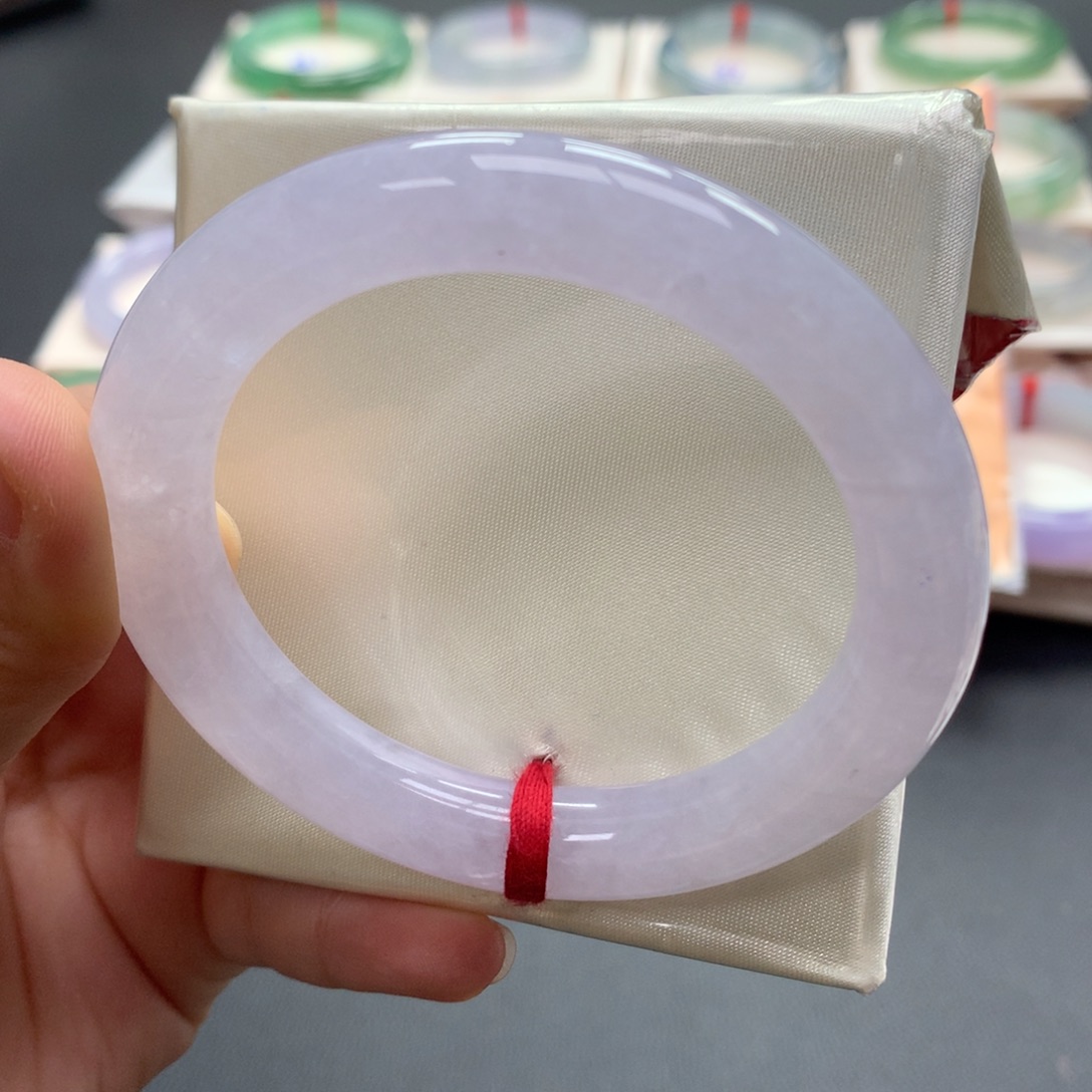 一***子翡翠未镶嵌手镯54+圆条冰粉紫