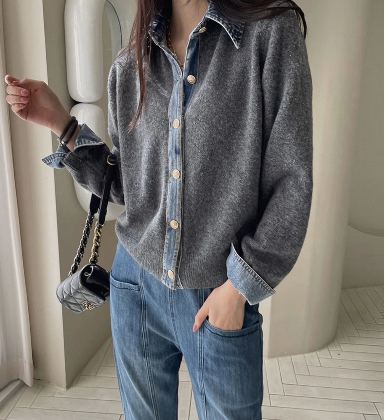 NICE圈圈/牛仔拼接毛衣格雷系POLO领设计感毛衣A2130