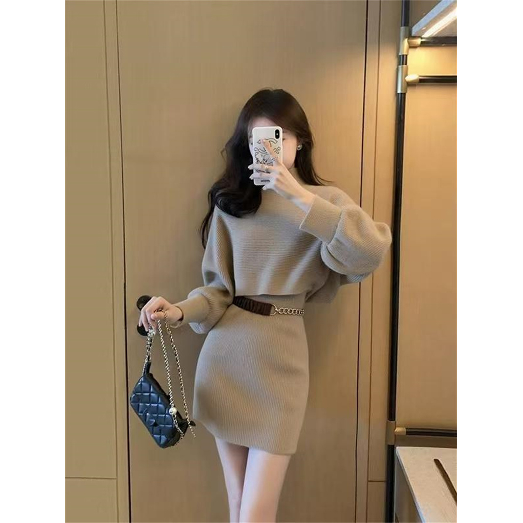 INS CEC法式卡其色连衣裙毛衣套装早秋淡人高知上衣短裙套装