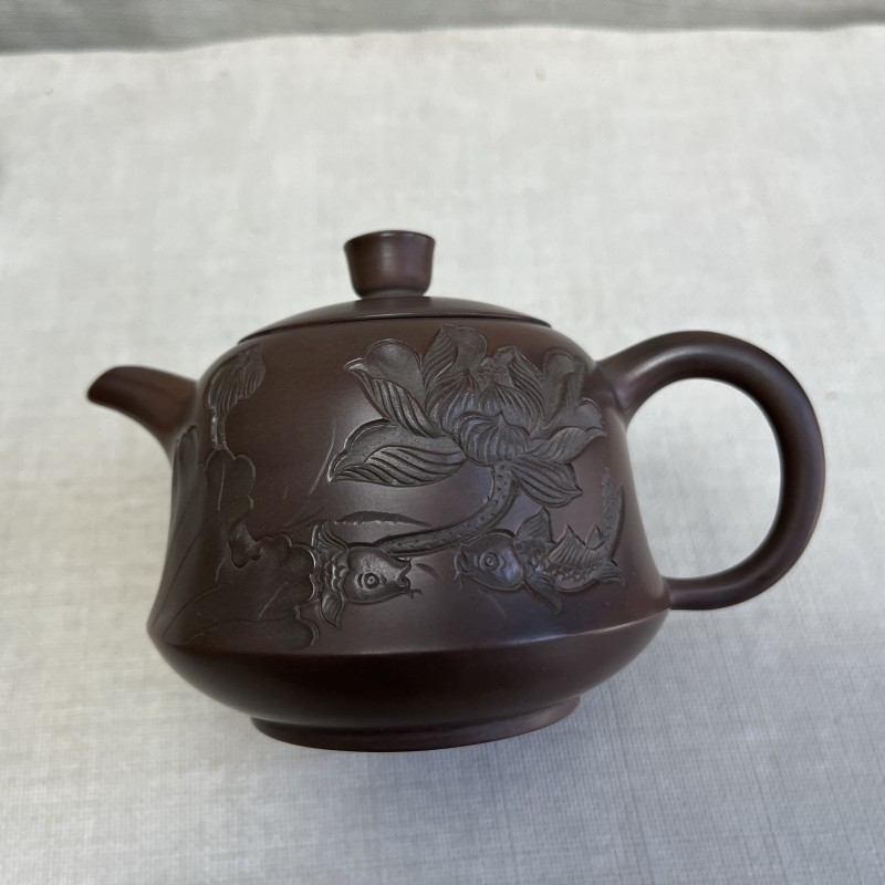 特价纯手工浮雕荷花大容量金钟茶壶正宗钦州坭兴陶300毫升泡茶壶
