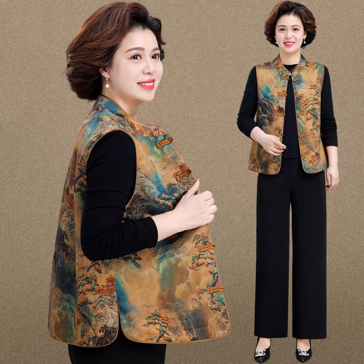 秋冬夹棉马夹新中式国风女2025年新款缎面提花坎肩马甲无袖外套