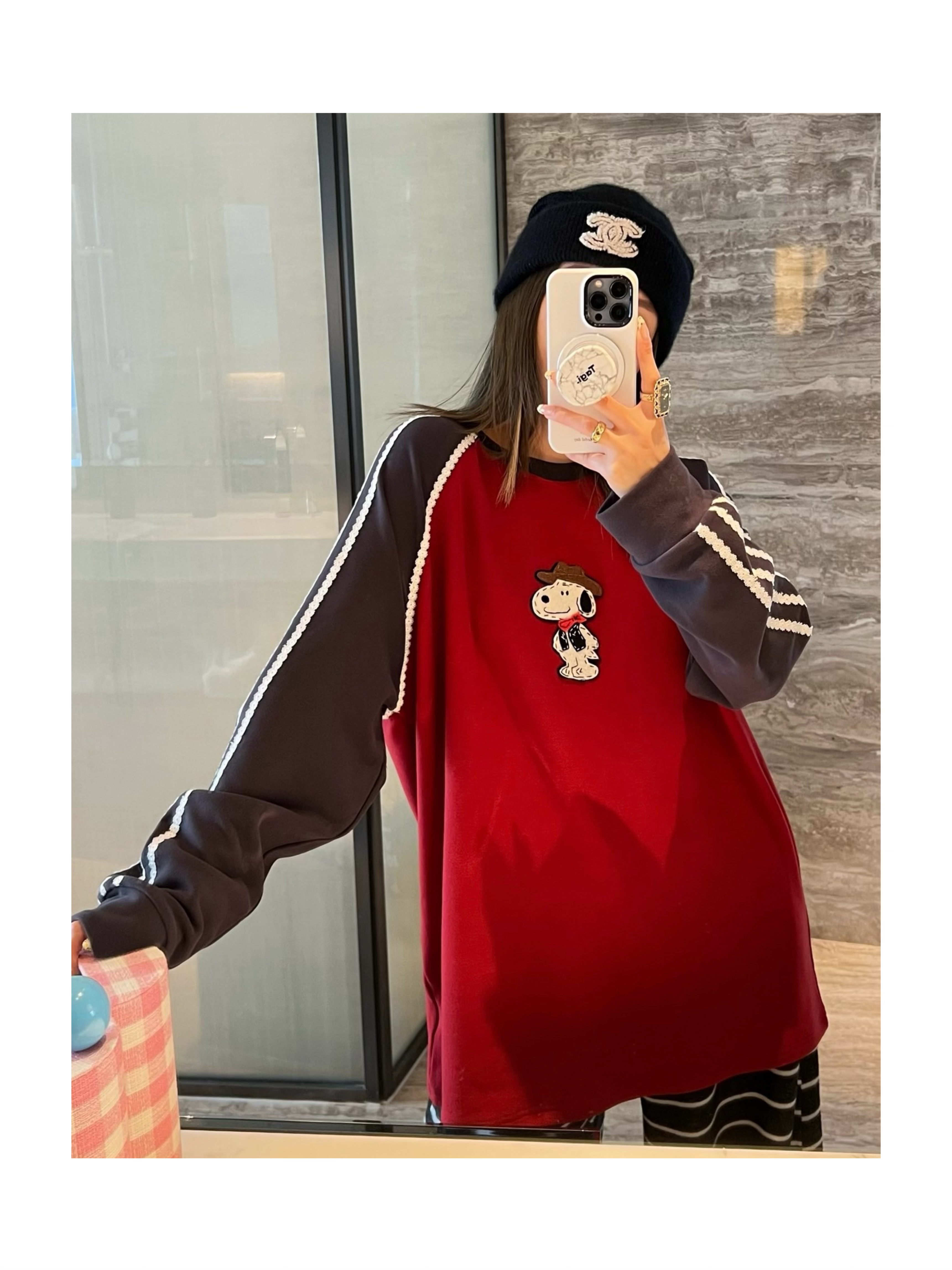 #5792秀秀花边狗狗冬季磨毛长袖宽松圆领打底T恤女