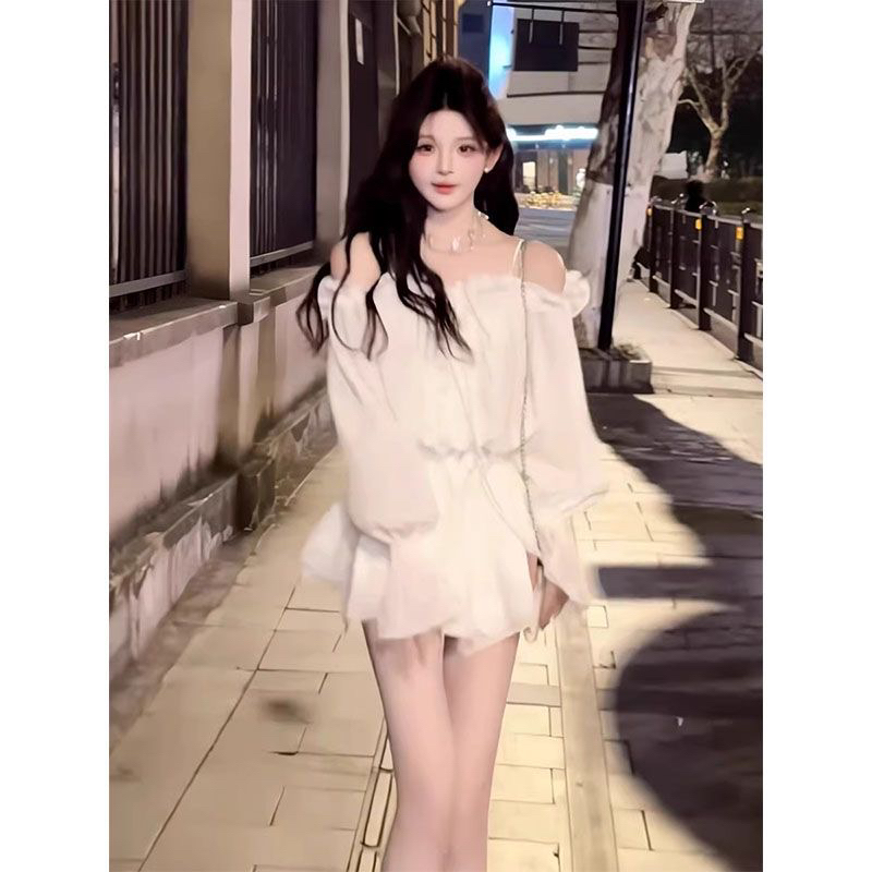 大码胖MM纯欲风甜美清新一字肩衬衫连衣裙收腰显瘦短裙小个子裙