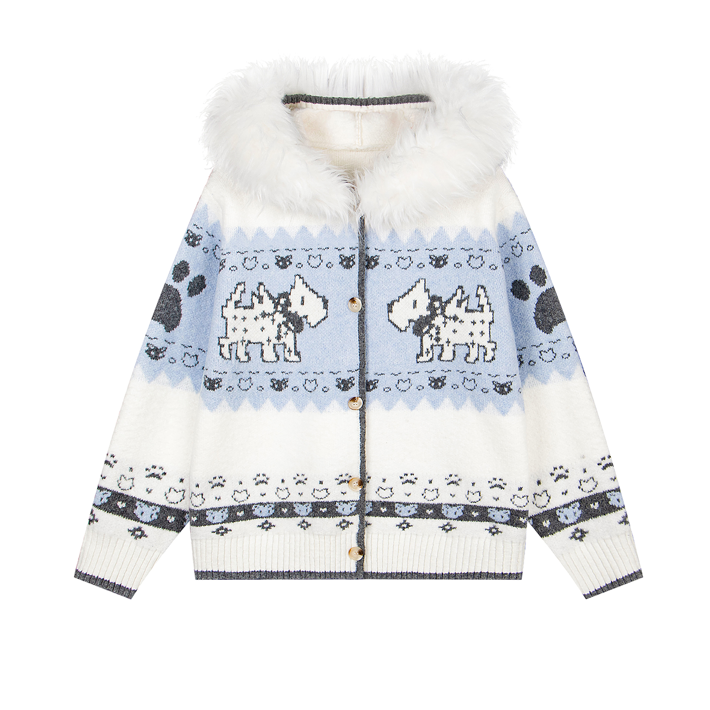 小恶魔原创美式复古毛领提花连帽针织开衫弗尔岛小狗毛衣男女