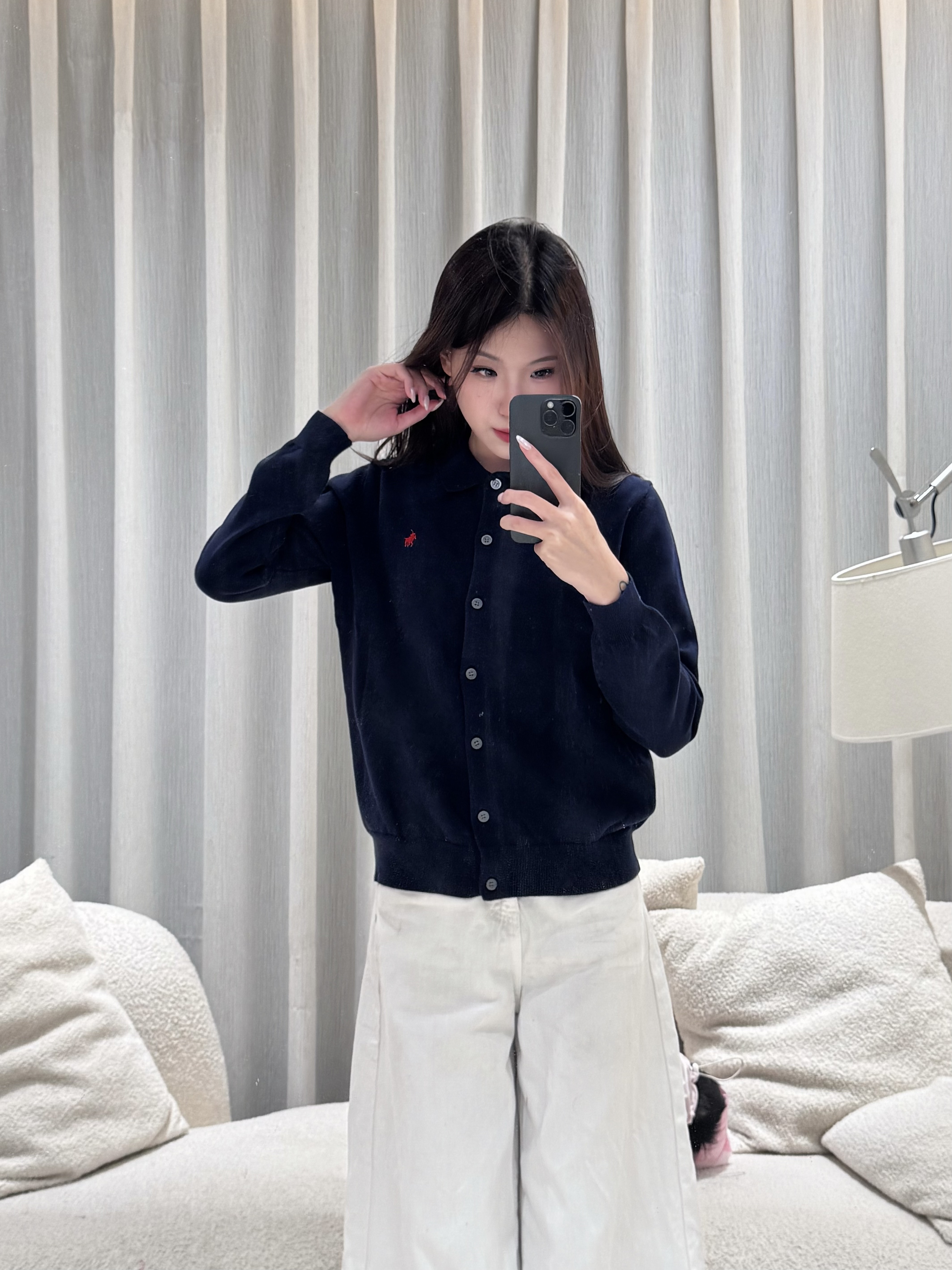 经典刺绣纯色针织平纹翻领开衫长袖休闲