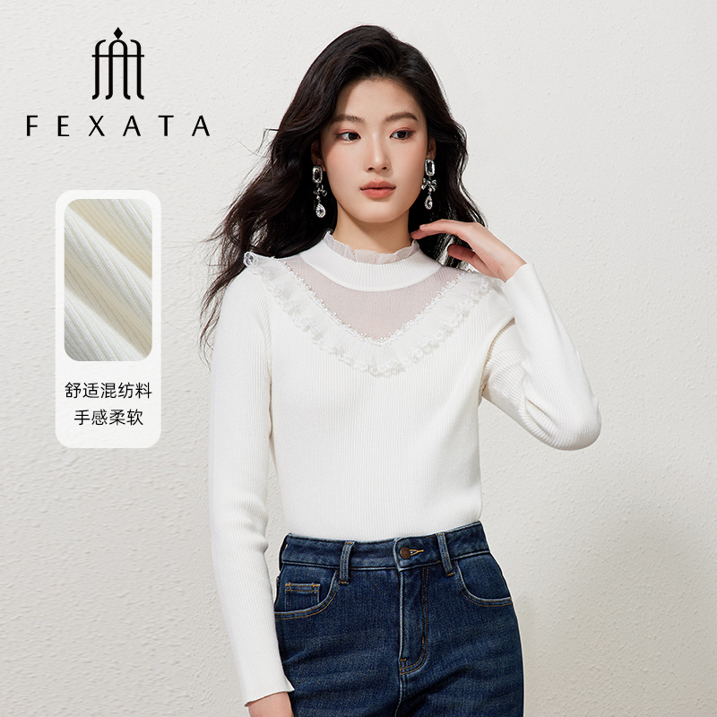【达人专属】FEXATA斐格思花边蕾丝荷叶白色针织衫女