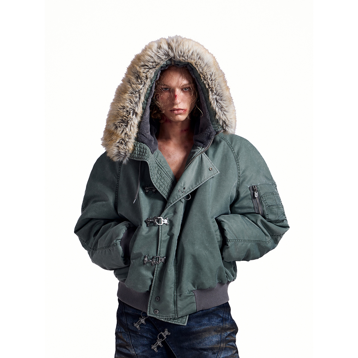 HAS2SONS25FW石磨酵洗重磅飞行夹克n2b毛领棉bomber棉衣铆钉外套