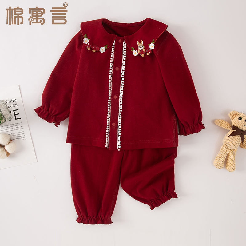 宝宝春秋季衣服纯棉娃娃领开衫上衣裤子两件套可爱女童家居服外穿