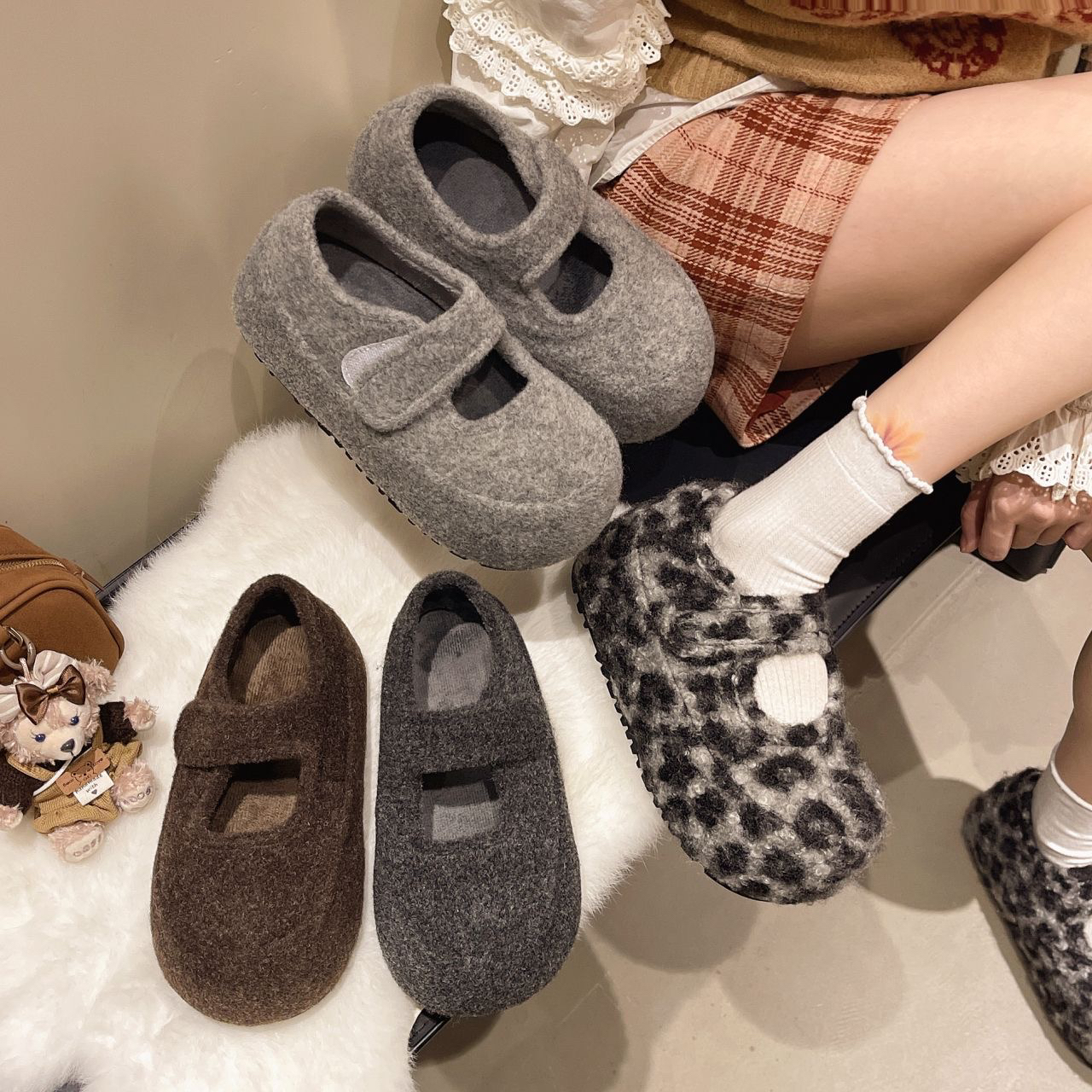 豹纹毛绒内增高厚底加绒保暖勃肯棉鞋女冬季防水防滑休闲单鞋外穿