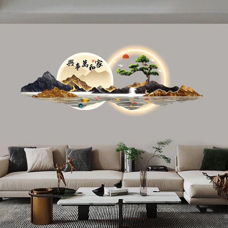 新中式客厅装饰画流水生财山水画沙发背景墙挂画大气高档茶室壁饰