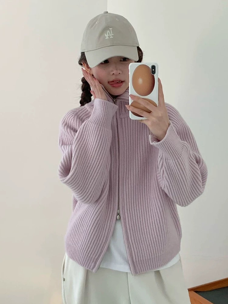 东大门egg双拉链坑条纹毛衣秋冬设计感显瘦羊毛针织毛衣外套