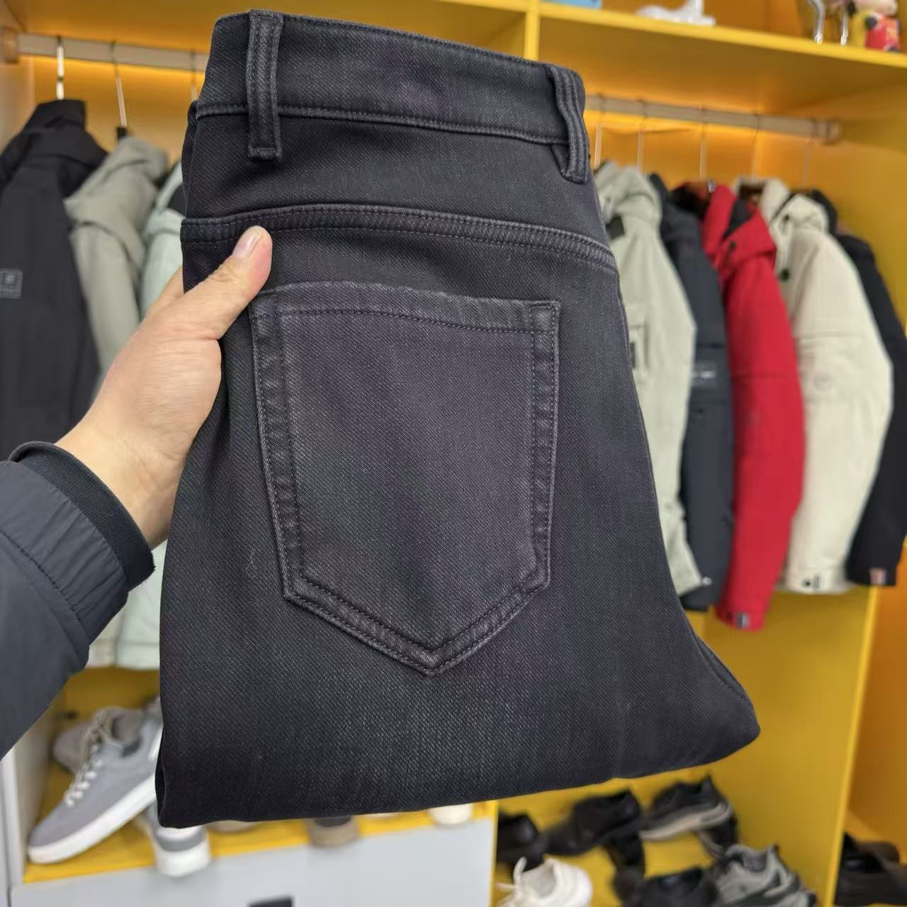 K858加绒牛仔裤黑色商务休闲牛仔裤男宽松直筒中腰深裆长裤