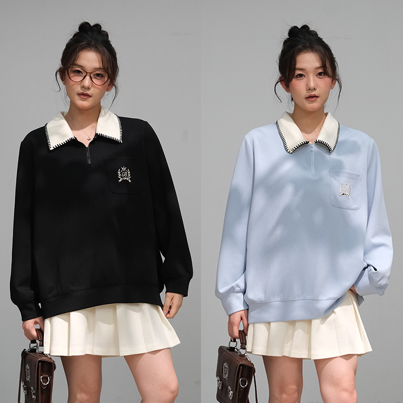 【涵胖胖】清 微胖MM宽松时尚少女元气撞色领刺绣卫衣 3922