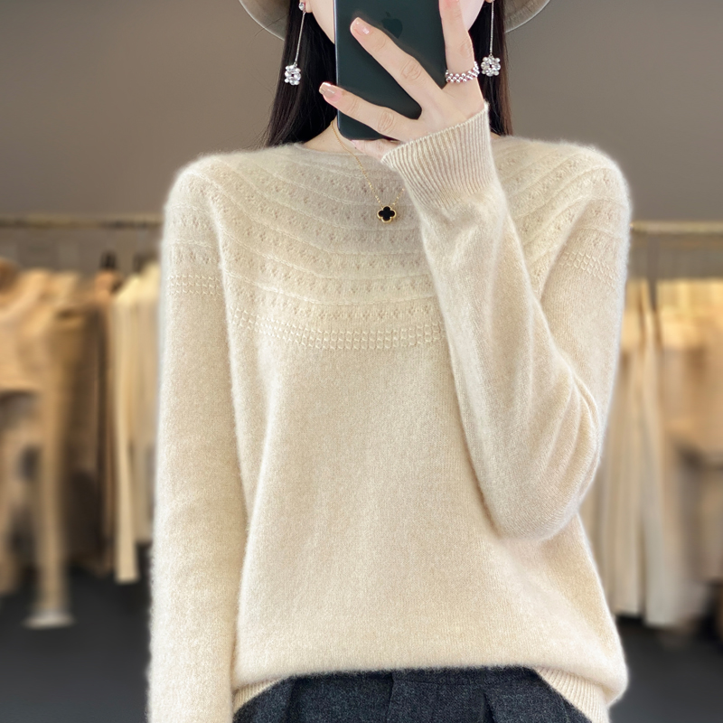 一线成衣100%纯羊毛衫女无缝内搭圆领针织打底衫洋气百搭 -A