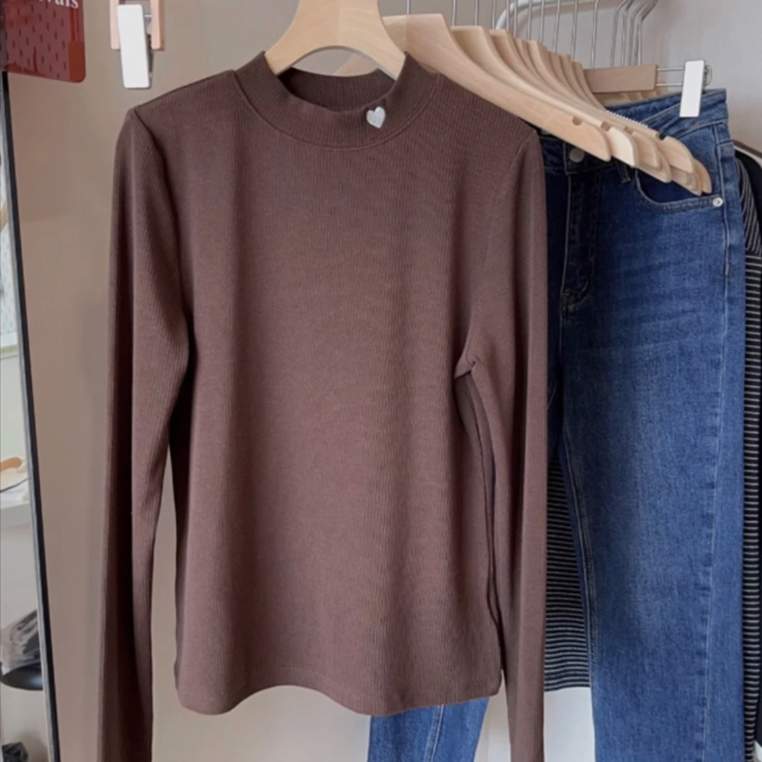 冰冰家新款冬季爱心半高领双面绒加厚长袖内搭显瘦打底衫上衣9198