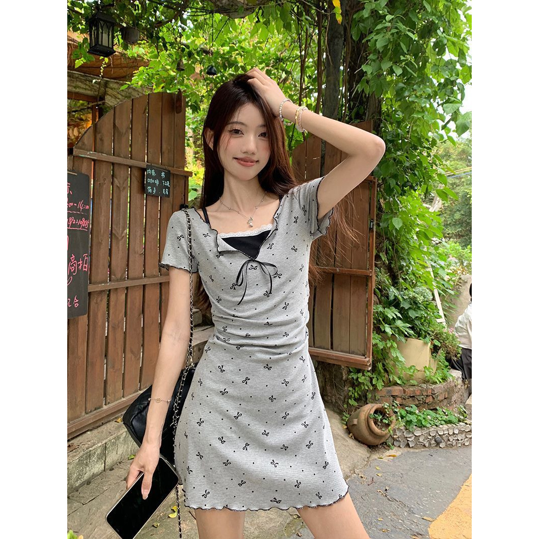 假两件设计短袖连衣裙女夏季气质温柔风蕾丝花边收腰显瘦A字裙潮