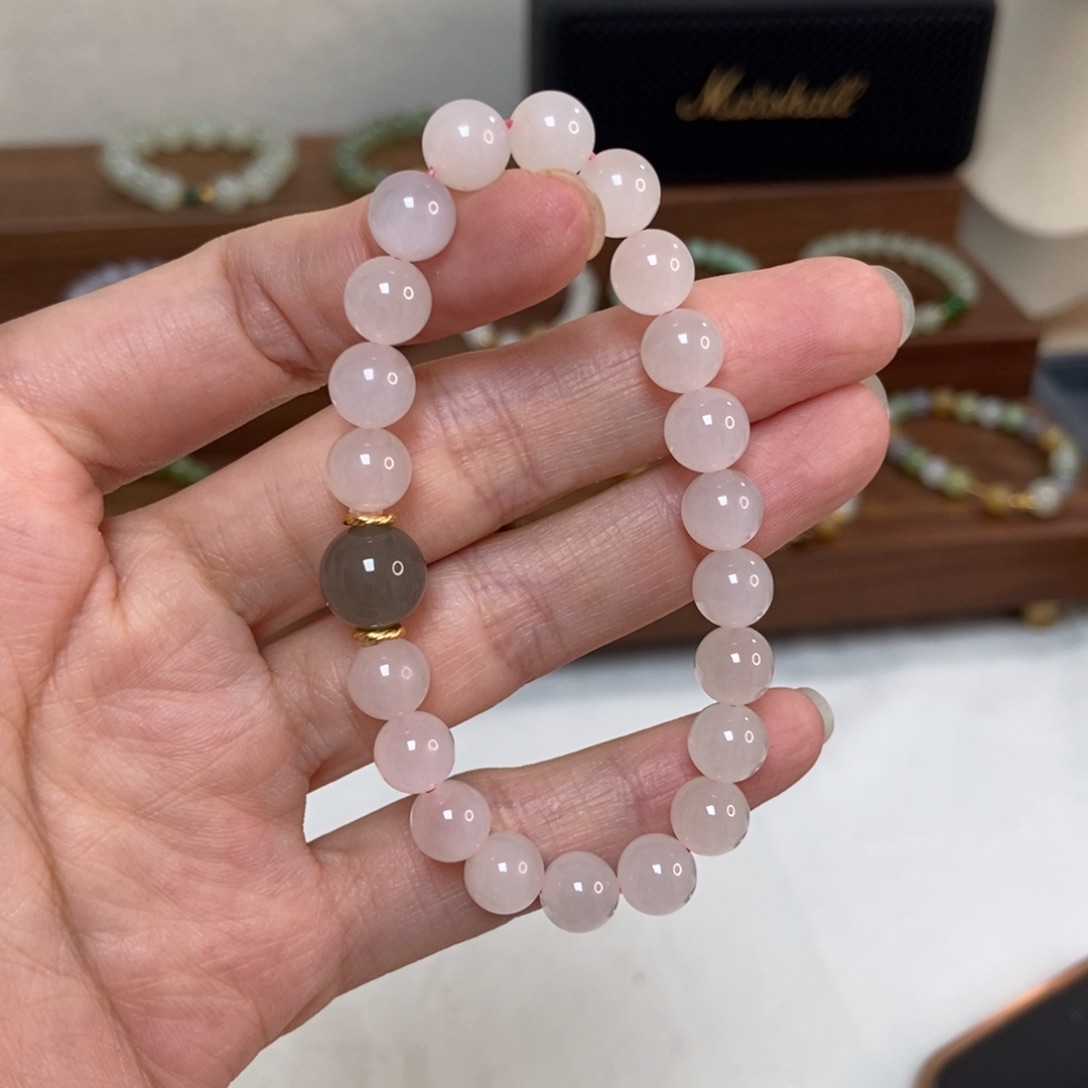 手链银S925镶嵌和田玉福利8mm藕粉微瑕