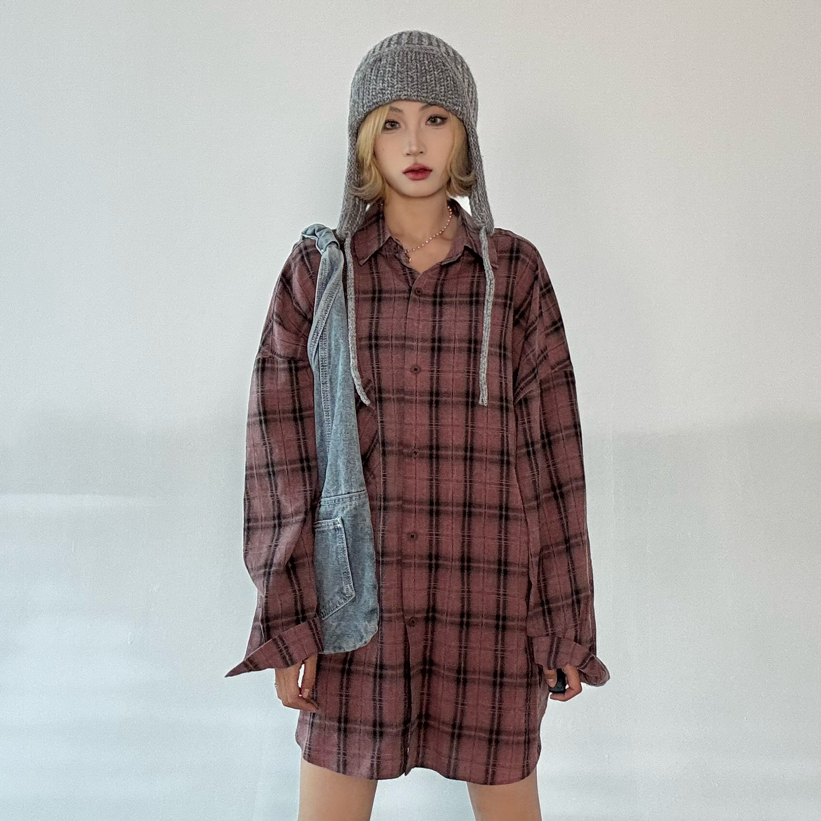 秋季新款宽松复古设计感小众薄雾玫瑰粉色格开衬衫外套