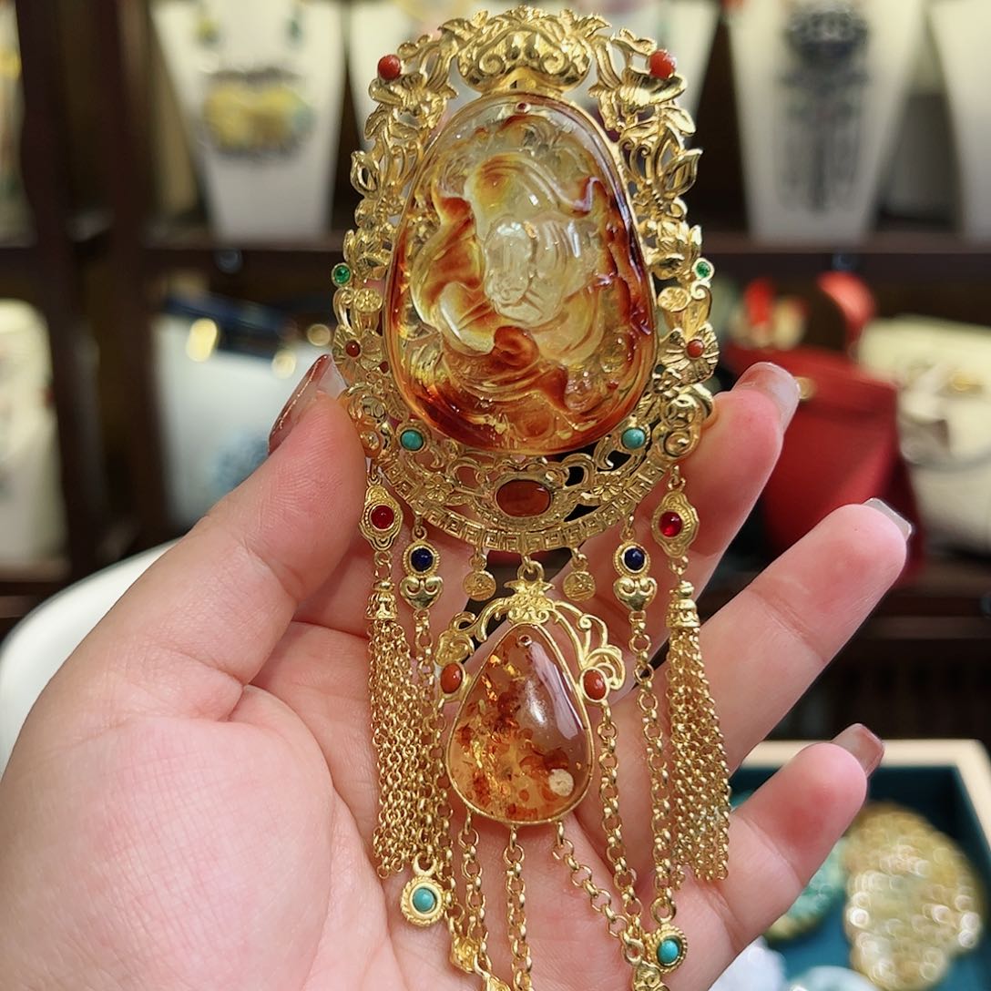 琥珀颈饰银S925镶嵌古风