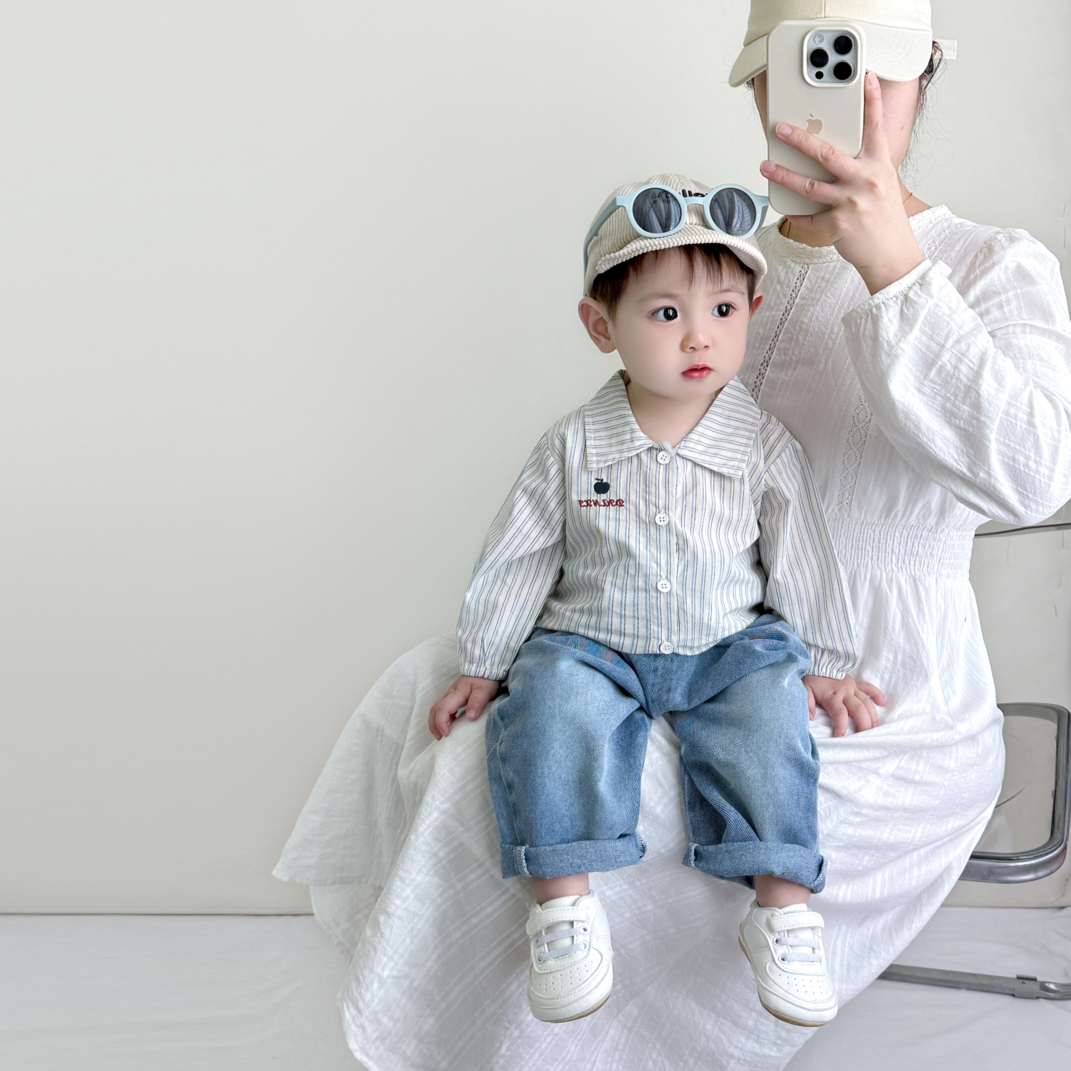 男童衬衣套装2025新款婴幼童洋气竖条纹衬衫外搭牛仔裤两件套春装