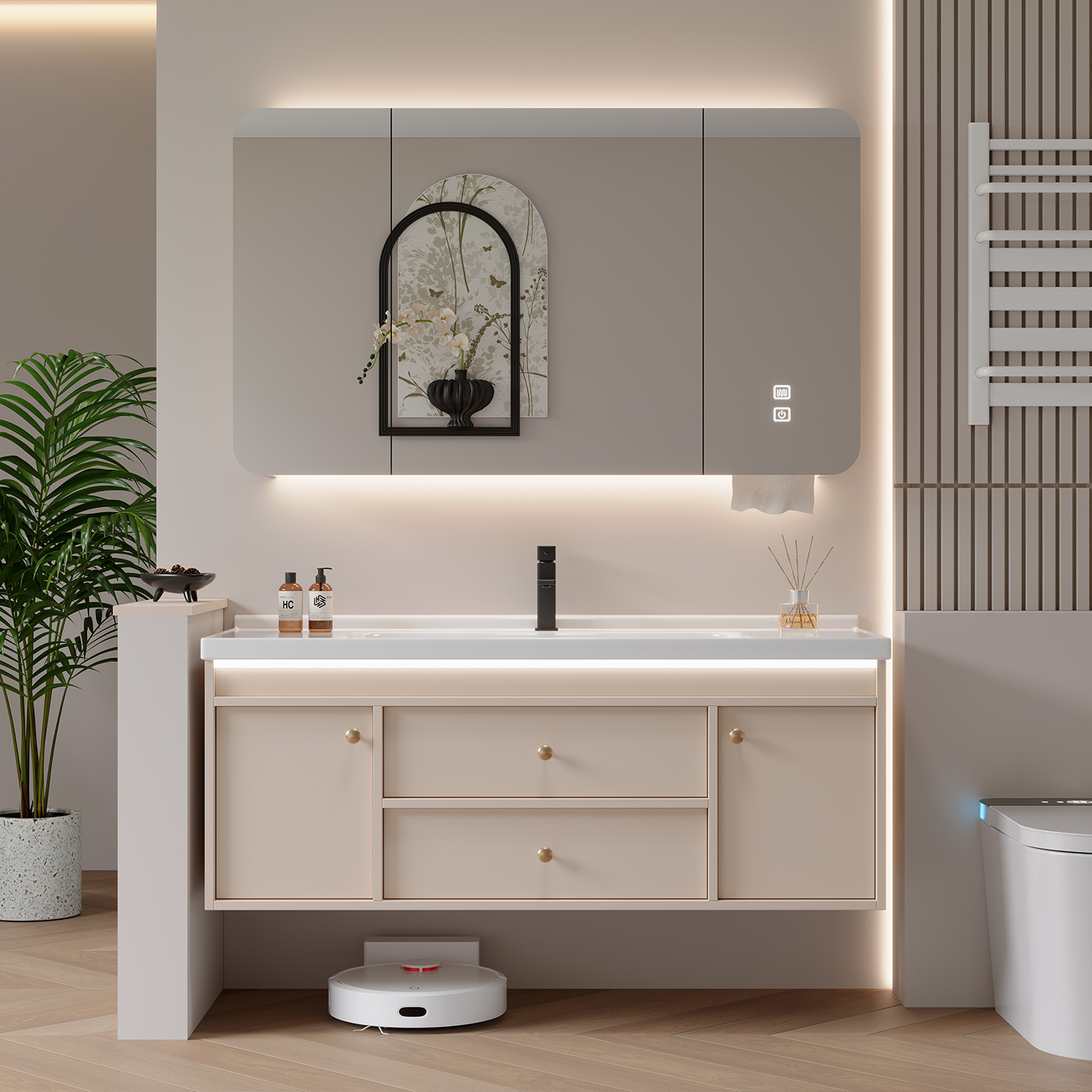 新款奶油风胡桃木浴室柜组合卫生间陶瓷一体盆洗手洗脸池洗漱台面