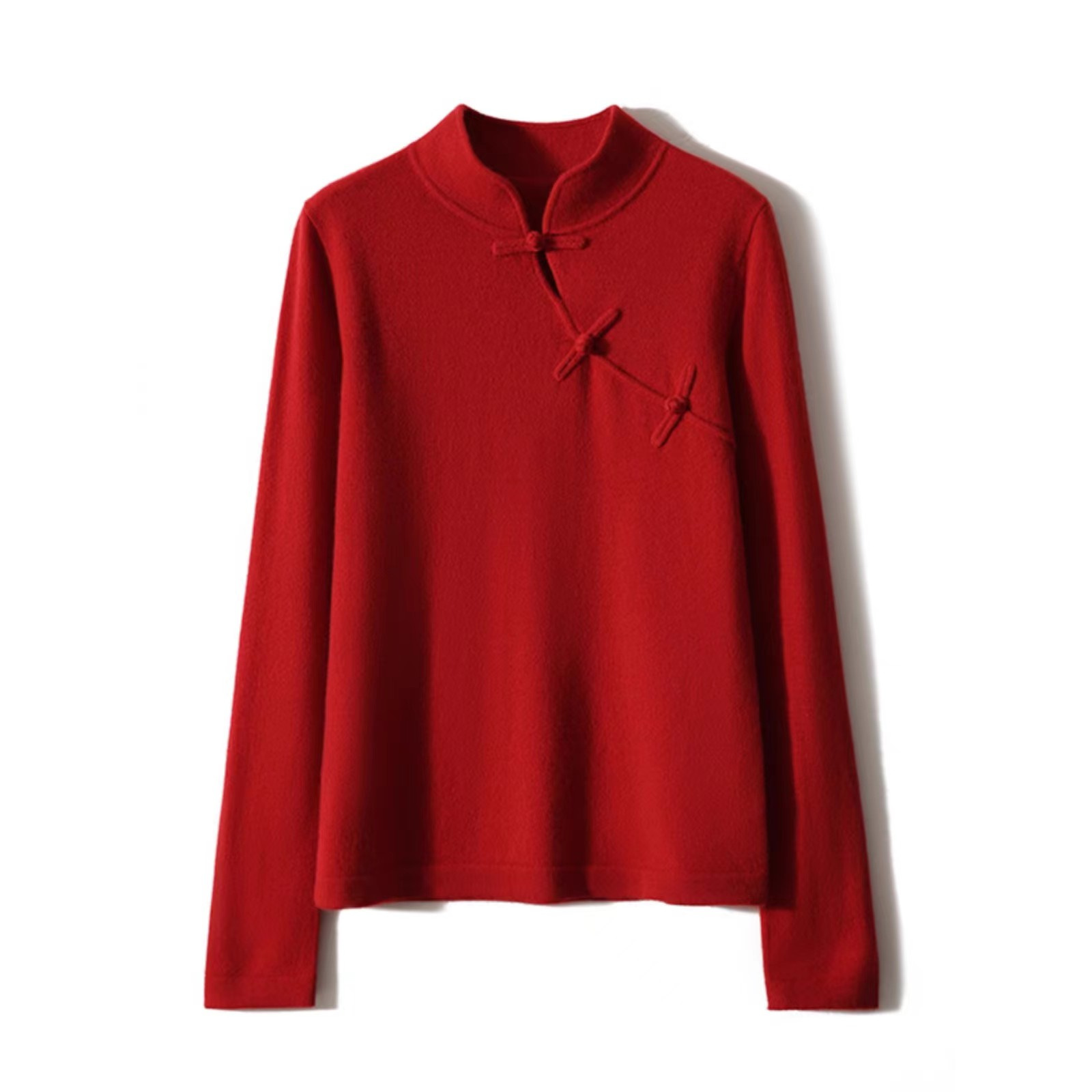 新款复古中国风立领女针织打底衫法式盘扣上衣