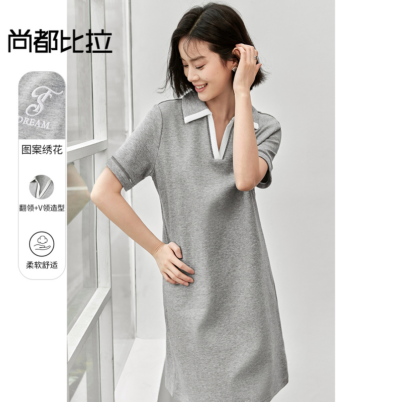 尚都比拉舒适轻休闲翻V领拼接花边设计图案绣花直筒连衣裙58980X