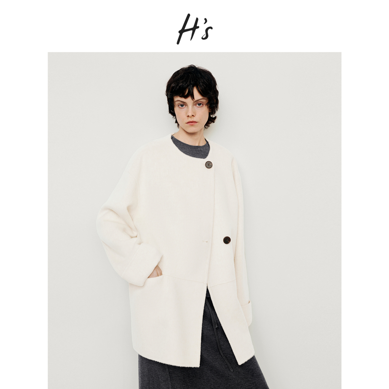 H'S短款毛呢外套女25冬新款高级设计圆领落肩绵羊毛呢子大衣上衣