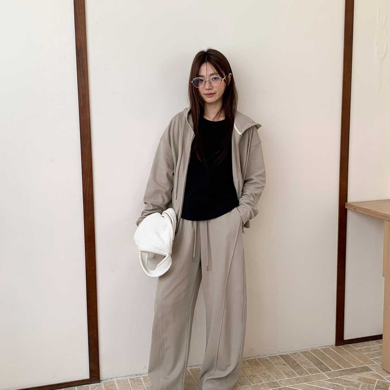 2855韩范纯色宽松连帽运动休闲百搭卫衣外套+卫衣裤套装