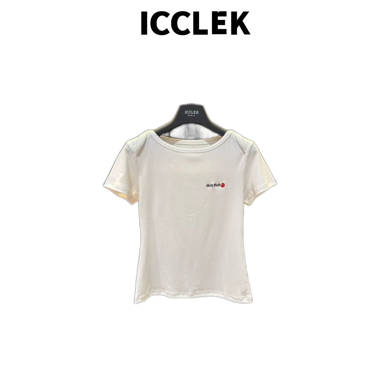 ICCLEK  白色荷叶边圆领短袖T恤休闲百搭减龄气质百搭上衣 -5688